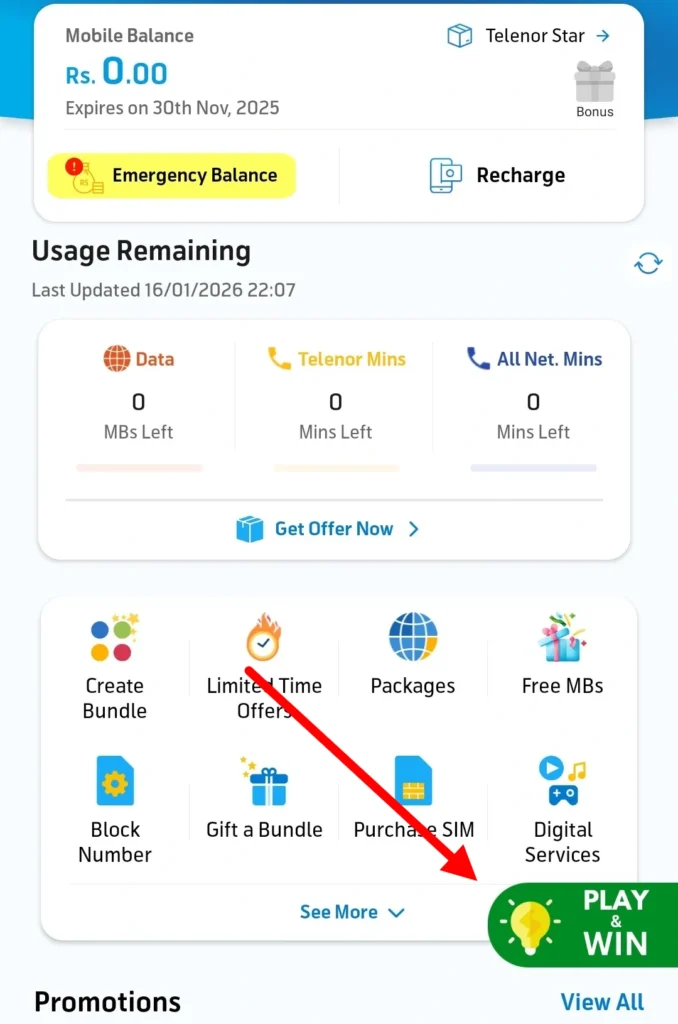 My Telenor App Home Screen showing Play and Win icon location for daily quiz rewards 2026