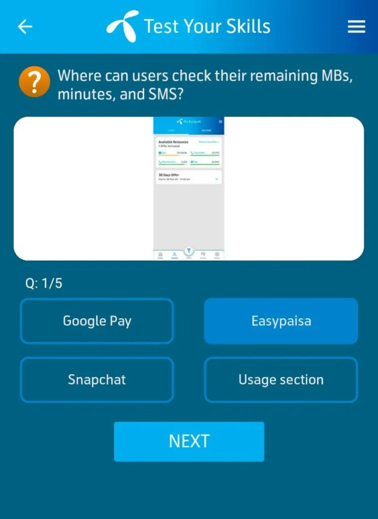 My Telenor App Test Your Skills header screen with daily quiz question 1 of 5